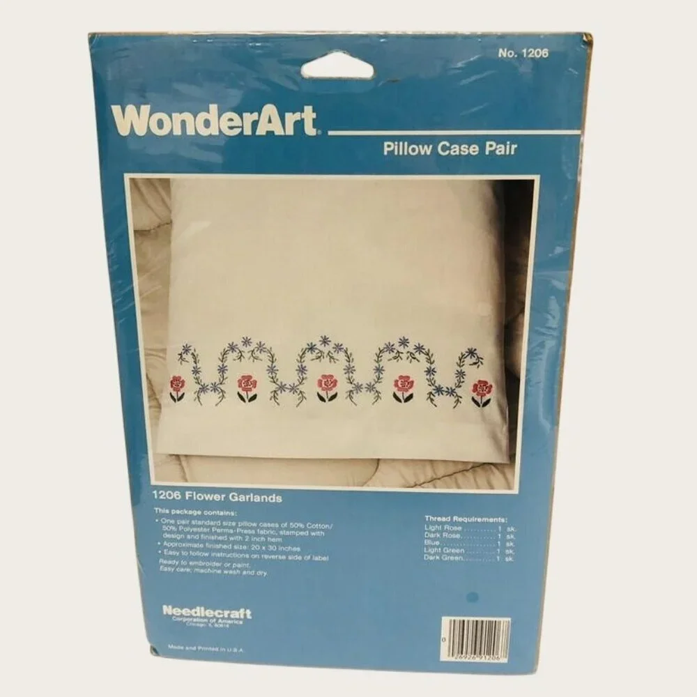 Needlecraft WonderArt Pillow Case Pair Flower Garlands Embroidery Paint Granny